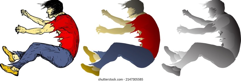 Fallen man in tatters after being blown away in an explosion, isolated against white. Vector illustration.