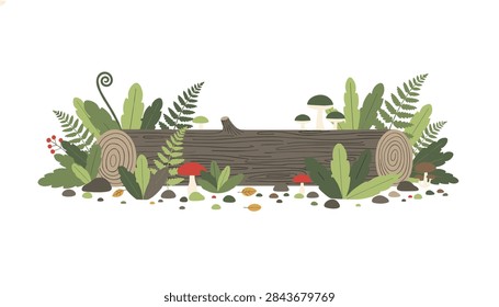 Fallen mossy tree log lying on the ground surrounded by wild forest mushrooms, green ferns, and lush forest vegetation.