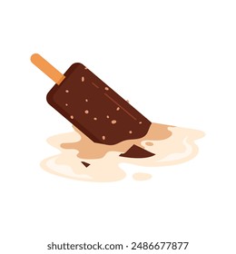 Gefallenes Eis mit Schokoladenglasur und Nüssen, schmelzende Eiscreme-Vektorillustration