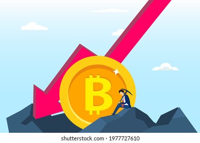 The Fallen In Price Bitcoin Flying Down On Red Arrow. Bankrupt Bitcoin. illustration flat vector template