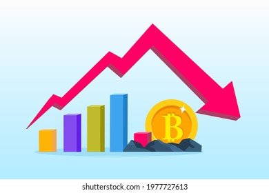 The Fallen In Price Bitcoin Flying Down On Red Arrow. Bankrupt Bitcoin. illustration flat vector template