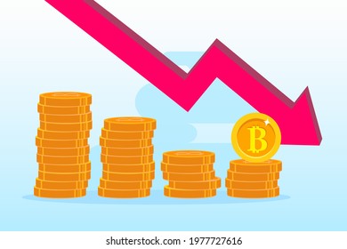The Fallen In Price Bitcoin Flying Down On Red Arrow. Bankrupt Bitcoin. illustration flat vector template