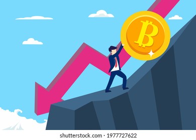 The Fallen In Price Bitcoin Flying Down On Red Arrow. Bankrupt Bitcoin. illustration flat vector template