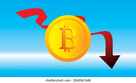 La Caída En El Precio De La Bitcoin Volando Hacia Abajo Con La Flecha Roja. Bitcoin en quiebra. plantilla de vector plana de ilustración