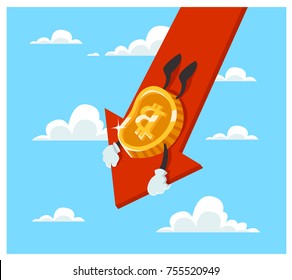 The Fallen In Price Bitcoin Flying Down On Red Arrow. Bankrupt Bitcoin. Cartoon Style Vector Illustration