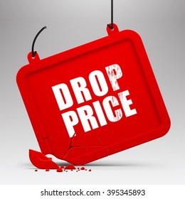 Fallen red signboard against a light gray background. Drop price, sale design template. Vector illustration