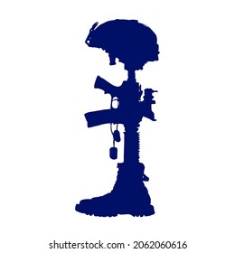Fallen soldier memorial black and white silhouette. The Fallen Soldier Battle Cross. The soldier's rifle and helmet on top illustrations