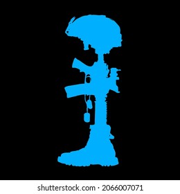 Fallen soldier memorial black and white silhouette. The Fallen Soldier Battle Cross. The soldier's rifle and helmet on top illustrations
