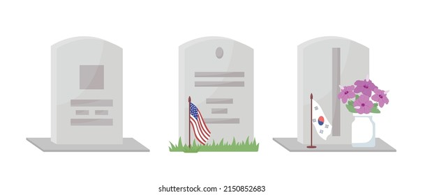 Fallen soldiers gravestones semi flat color vector objects set. Full sized item on white. Different nations simple cartoon style illustration for web graphic design and animation collection