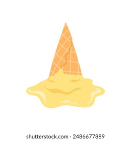 Helado suave amarillo caído y derramado en cono de gofre con Ilustración vectorial líquida que fluye