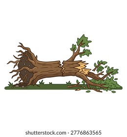 Fallen tree with broken trunk and exposed roots vector illustration