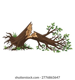 Fallen tree with broken trunk and exposed roots vector illustration
