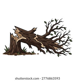 fallen tree with cracked trunk, simple vector style, 2D game asset, white background