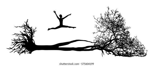 Fallen tree with root. Figure man over him. The tree of Life from birth to death. Detailed vector illustration. Tree silhouette.