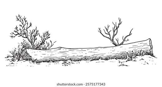 fallen tree trunk with branches and plants in monochrome hand-drawn style