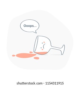 Fallen upset wineglass with spilled wine, cute funny 404 error, oops face, 404 page, trouble, fail, problem icon concept isolated on white background. Flat line cartoon icon concept