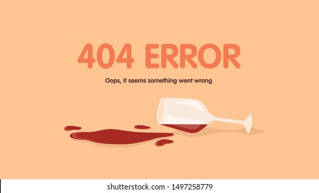 Fallen upset wineglass with spilled wine on the floor. 404 error not found page web design. Vector flat cartoon illustration