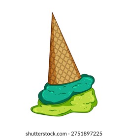 Fallen waffle cone with two green and teal scoops melting into a sticky puddle on white background  summer oops moment, sweet spill and colorful dessert mishap
