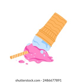 Fallen waffle cup with blue and pink ice cream scoops and wafer stick vector illustration