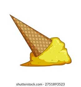 Fallen yellow ice cream cone melting into a sweet puddle on white background, playful summer mishap suggesting disappointment, warmth, and sticky summer fun