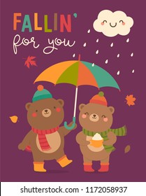 "Fallin' for you" typography design with cute bear couple cartoon for autumn greeting card design template.