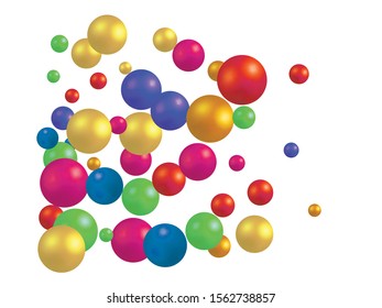 Falling 3d balls on white background. Vector illustration layout. New element of your design. Colorful luxury festive confetty decoration for holidays and celebrations.