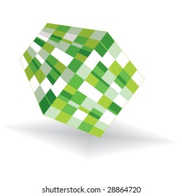 Falling 3D cube in shades of green.