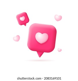 Falling 3d Pink Speech Bubble Icons with Heart Shape Cartoon Style Symbol of Feeling or Favourite. Vector illustration