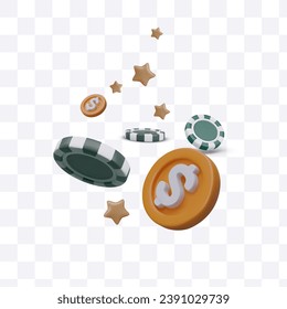 Falling 3D poker chips, stars and gold coins. Concept of winning game of chance. Isolated vector composition for online casino. Vector color web design