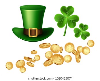 Falling 3d three-leaf clover golden coins, green leprechaun hat and clover leaves. Decorative elements for Saint Patrick's day. Isolated on white background. Vector illustration.