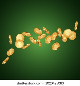 Falling 3d three-leaf clover golden coins with blur effect. Decorative elements for Saint Patrick's day. Green background. Vector illustration.