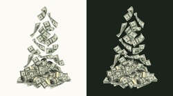 Falling From Above 100 Dollar Banknotes Into Heap Of Money. Pile Of Cash Money. Color Isolated Vector Illustration In Vintage Style.