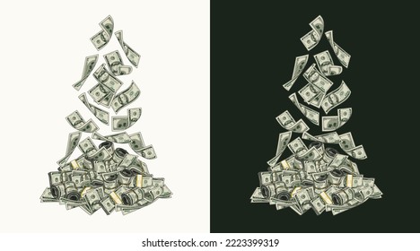 Falling from above 100 dollar banknotes into heap of money. Pile of cash money. Color isolated vector illustration in vintage style. - Shutterstock ID 2223399319
