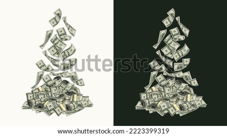 Falling from above 100 dollar banknotes into heap of money. Pile of cash money. Color isolated vector illustration in vintage style.