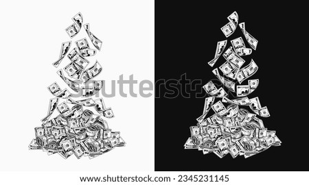 Falling from above 100 dollar banknotes into heap of money. Pile of cash money. Black and white business illustration in vintage style.