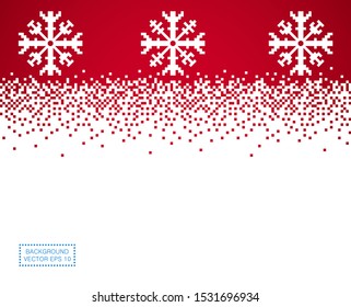 Falling abstract white snow in the form of pixels with snowflakes on a red background. Christmas card concept. Vector illustration with indentation for text, postcard, template.