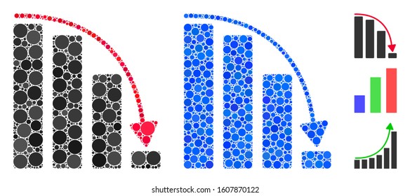 Falling acceleration bar chart mosaic of circle elements in various sizes and color tones, based on falling acceleration bar chart icon. Vector circle elements are united into blue illustration.