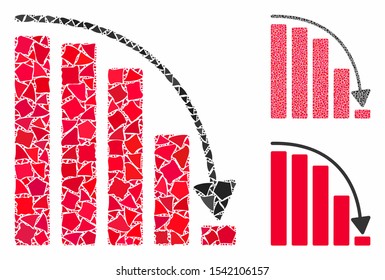 Falling acceleration chart composition of unequal parts in various sizes and color hues, based on falling acceleration chart icon. Vector unequal elements are composed into collage.