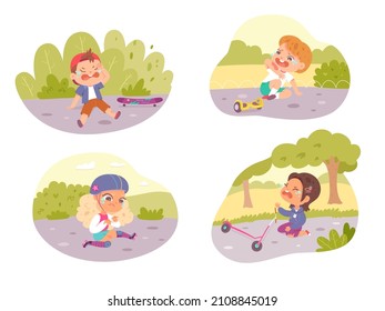 Falling accident with unhappy crying kids set vector illustration. Cartoon boy girl child character sitting on road of city park, children with injury damage, scratches from falling isolated on white