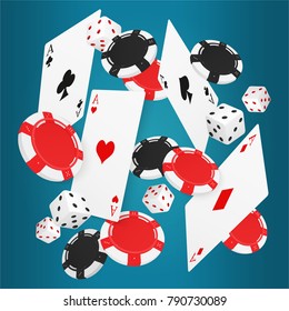 Falling aces cards with red and black chips and different dice on blue background.