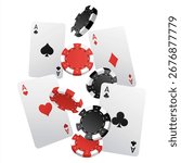 Falling aces and casino chips with blurred elements on white background. Playing cards, red and black money chips fly. The concept of winning or gambling. Poker and card games. Vector illustration.