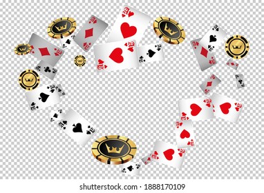 Fallende Asse und Casino-Chips mit unscharfen Elementen auf transparentem Hintergrund. Spielkarten, Gold- und Schwarzgeld-Chips fliegen. Das Konzept des Gewinns oder Glücksspiels. Poker- und Kartenspiele. Vektorgrafik 3D