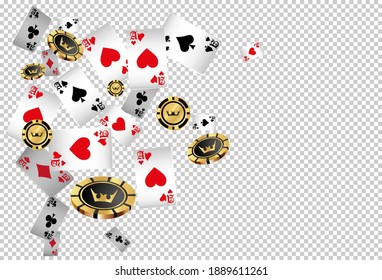 Falling aces and casino chips with blurred elements on transparent background. Playing cards, gold and black money chips fly. The concept of winning or gambling. Poker and card games. Vector 3d illust