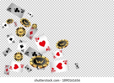 Falling aces and casino chips with blurred elements on transparent background. Playing cards, gold and black money chips fly. The concept of winning or gambling. Poker and card games. Vector 3d illust