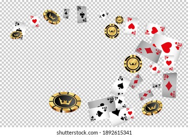 Falling aces and casino chips with blurred elements on transparent background. Playing cards, gold and black money chips fly. The concept of winning or gambling. Poker and card games. Vector 3d illust
