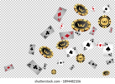 Falling aces and casino chips with blurred elements on transparent background. Playing cards, gold and black money chips fly. The concept of winning or gambling. Poker and card games. Vector 3d illust