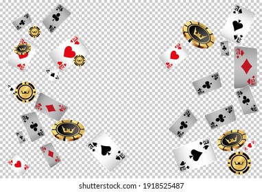 Falling aces and casino chips with blurred elements on transparent background. Playing cards, gold and black money chips fly. The concept of winning or gambling. Poker and card games. 