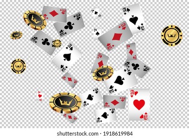 Falling aces and casino chips with blurred elements on transparent background. Playing cards, gold and black money chips fly. The concept of winning or gambling. Poker and card games. 