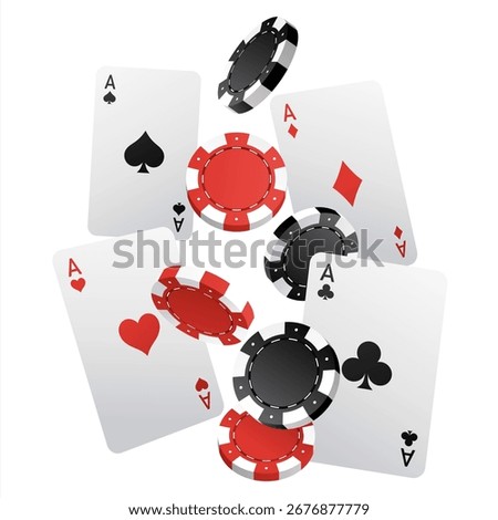 Falling aces and casino chips with blurred elements on white background. Playing cards, red and black money chips fly. The concept of winning or gambling. Poker and card games. Vector illustration.