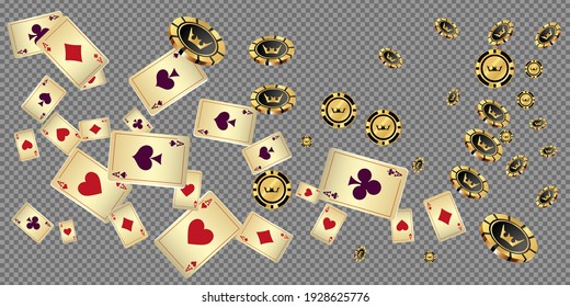 Falling aces and casino chips are falling down. Playing Cards rain. Pattern for ads of parties, events in Vegas. Vector illustration in vintage style.
